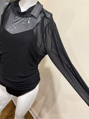 Christian Lacroix Black Sheer Mesh Long Sleeve Layered Top w/ Cami Insert NWT